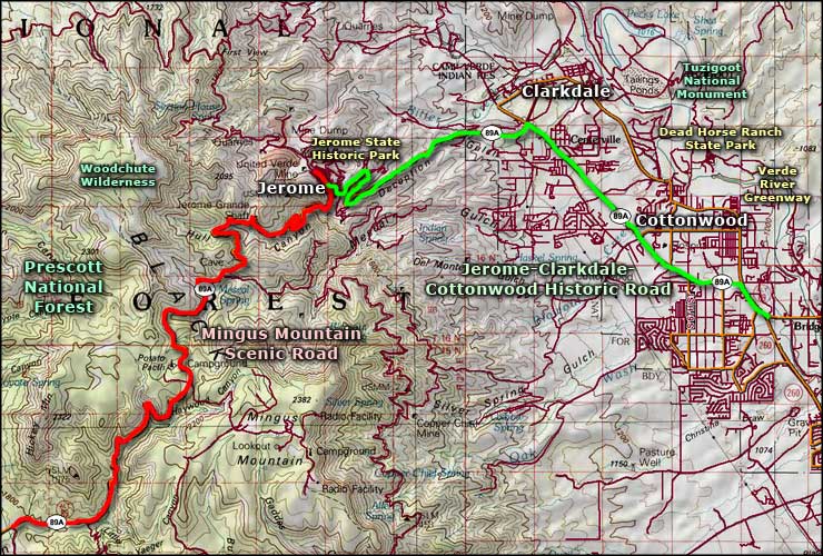 Jerome, Clarkdale and Cottonwood Historic Road area map