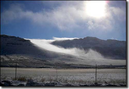 Winter view of the Owyhee Bluffs outside Midas